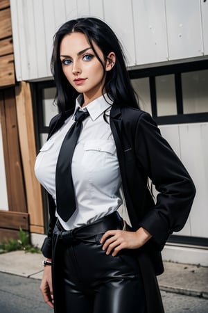 masterpiece, best quality, highres, solo girl, cute, NicoRobin, huge breasts, smooth face, detailed face, black hair, long hair, big eyes,  blue eyes, oval head, small smile, delicate hands, jawerly, bracelet, wide hips, white shirt,  black necktie, thigh black pants, black long coat jacket, high boots, black belt, seductive pose, street, fully covered, aget suit