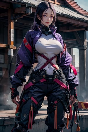 masterpiece, best quality, highres, hmmr1, minamoto no raikou (fate), mature, giant  breast, huge breast, svery long, hair till ground and tied at end, extra long hair, dark purple hair, smooth face, detailed face, detailed hands, huge breasts, small smile, wide hips,  urban techwear, techwear jacket, techwear pants, katanas