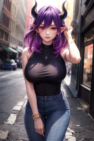 best quality, highres, solo girl, mature, Vermeil, big breasts, purple hair, demon girl, demon horns, horns, low-cut, red eyes, gorgeous face, gorgeous eyes, makeup, demon girl, demon horns, horns, long hair, pointy ears, red hair,  masterpiece, best quality, ultra detailed, 8k, highly detailed, detailed face, pose, small smile, delicate hands, jewelry, choker necklace, bracelet, turtleneck long sweater, pants, boots, street
