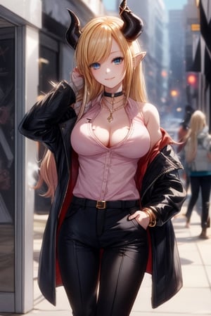 best quality, highres, solo girl, mature, yuzuki_choco, blonde hairs, blue eyes, big breasts, choker, demon_girl, demon horns, horns, jacket, long hair, pointy ears,  masterpiece, best quality, ultra detailed, 8k, highly detailed, detailed face, pose, small smile, delicate hands, wide hips, jewelry, choker necklace, bracelet, black pants, sweater_vest, jacket, high boots, sexy pose, street, sexy, yuzu, 1 girl, 1girl