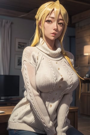 masterpiece, best quality, highres, marikawashizuka, mature, 1girl, solo, large breasts, sweater