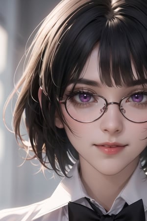 masterpiece, best quality, highres, SOUNA SITRI, solo, purple eyes, mature, black hairs, smooth face, gorgeous face, gorgeous eyes, detailed face, detailed hands, smile, school uniform, photorealistic, wide hips, glasses