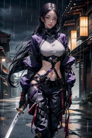 masterpiece, best quality, highres, hmmr1, minamoto no raikou (fate), mature, giant  breast, huge breast, svery long, hair till ground and tied at end, extra long hair, dark purple hair, smooth face, detailed face, detailed hands, huge breasts, small smile, wide hips,  urban techwear, techwear jacket, techwear pants, techwear gloves, katana on hand, combat pose, rain