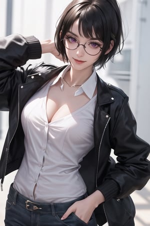 masterpiece, best quality, highres, SOUNA SITRI, solo, purple eyes, mature, black hairs, smooth face, gorgeous face, gorgeous eyes, detailed face, detailed hands, smile, jacket, pants, photorealistic, wide hips, glasses