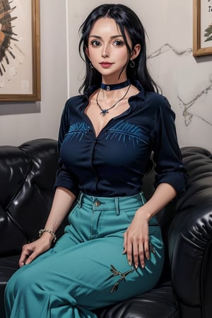 masterpiece, best quality, highres, mature, solo girl, NicoRobin, huge breasts, black hair, big eyes, Cerulean eyes, small smile, delicate hands, wide hips, jewelry, choker necklace, bracelet,  blue wide pants, black wide shirt, caffe shop, sit sofa