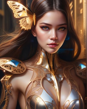 photo, 8k portrait of beautiful cyborg with brown hair, intricate, elegant, highly detailed, majestic, digital photography, art by artgerm and ruan jia and greg rutkowski surreal painting gold butterfly filigree, broken glass, (masterpiece, sidelighting, finely detailed beautiful eyes: 1.2), hdr, realistic, high definition