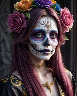 heyoka centered portrait, 3D rendered, in a dia de los muertos style, flowers in hair, jester-like fashion, ornate, intricate details, vivid colours, high saturation, photorealistic cinematic lighting, 16k resolution, hrd, crisp image,