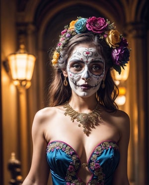 (masterpiece)+, (best quality)+, (intricate detail)+, in a dia de los muertos style, flowers in hair, jester-like fashion, ornate, intricate details, no clothes, lively colors, high saturation, photorealistic cinematic lighting, 16k resolution, hrd, crisp image