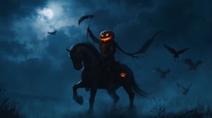 A headless horseman riding a dark, menacing horse. The rider has a pumpkin as a head, with a menacing grin carved into it, glowing orange eyes, and a fiery aura radiating from the carved sections. He holds a raised axe in his right hand, with a dark, jagged blade. The horse is muscular, black, and its eyes and mouth emit a glowing orange light, matching the rider's head. The horse is adorned with torn, eerie cloths and has two small glowing pumpkins attached to its side. The background is a misty night, with a blue glow from the moonlight and scattered dark clouds, creating an ominous, supernatural atmosphere. A group of crows fly in the sky, enhancing the eerie vibe