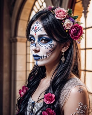 (masterpiece)+, (best quality)+, (intricate detail)+, heyoka centered portrait, 3D rendered, in a dia de los muertos style, flowers in hair, jester-like fashion, ornate, intricate details, vivid colours, high saturation, photorealistic cinematic lighting, 16k resolution, hrd, crisp image, 8k uhd, dslr, soft lighting, shot on Fujiflim XT3