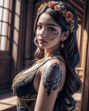 (masterpiece)+, (best quality)+, (intricate detail)+, heyoka tattoo centered portrait, 3D rendered, in a dia de los muertos style, flowers in hair, jester-like fashion, ornate, intricate details, vivid colours, high saturation, photorealistic cinematic lighting, 16k resolution, hrd, crisp image, 8k uhd, dslr, soft lighting, shot on Fujiflim XT3