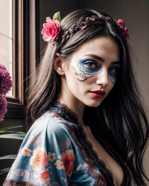 (masterpiece)+, (best quality)+, (intricate detail)+, heyoka centered portrait, 3D rendered, in a dia de los muertos style, flowers in hair, jester-like fashion, ornate, intricate details, vivid colours, high saturation, photorealistic cinematic lighting, 16k resolution, hrd, crisp image, 8k uhd, dslr, soft lighting, shot on Fujiflim XT3