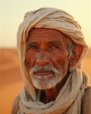 A portrait of a desert nomad with sun-kissed skin and a weathered face, wearing a flowing white headscarf that contrasts with the orange sand dunes behind him. His eyes are full of wisdom and experience, and the golden hour sunlight highlights the lines on his face. Shot with a Hasselblad 500, warm tones, natural lighting, travel photography style