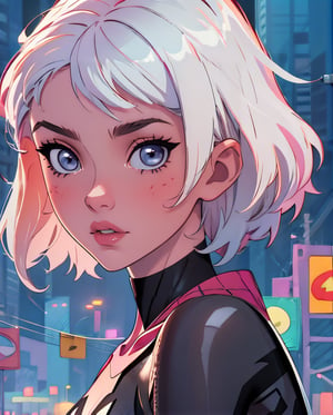 (masterpiece, top quality, best quality, official art, beautiful and aesthetic:1.2),highly detailed face,1girl,gwen_stacy, (portrait:1.3), spider-gwen suit , bodysuit , superhero,(extremely detailed,highres, highest detailed,8k,absurdres,CG),cyberpunk city