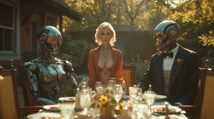 Ultra realistic close-up photo, depth of field, cinematic movie still, happy sexy 44 y.o. woman housewife in a revealing robe sets the festive table in the backyard of vintage house on summer sunny day, her guests atompunk robots animatronics in tuxedos.