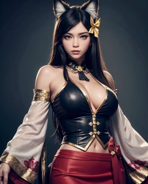 dynasty ahri, animal ears, fox ears, facial mark, whisker markings, fox tail, yellow eyes, korean clothes, multiple tails, hair ornament, long sleeves, breasts, black hair, skirt, bow photodromm, erotic, large breasts, hyperrealistic art, extremely high-resolution details, photographic, realism pushed to extreme, fine texture, incredibly lifelike
