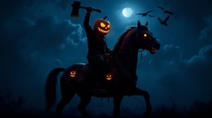 A headless horseman riding a dark, menacing horse. The rider has a pumpkin as a head, with a menacing grin carved into it, glowing orange eyes, and a fiery aura radiating from the carved sections. He holds a raised axe in his right hand, with a dark, jagged blade. The horse is muscular, black, and its eyes and mouth emit a glowing orange light, matching the rider's head. The horse is adorned with torn, eerie cloths and has two small glowing pumpkins attached to its side. The background is a misty night, with a blue glow from the moonlight and scattered dark clouds, creating an ominous, supernatural atmosphere. A group of crows fly in the sky, enhancing the eerie vibe,aidmaabdhr