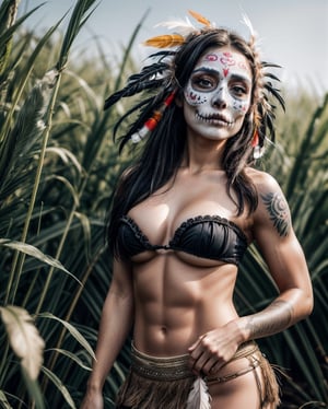 best quality, face focus, soft light, (depth of field), fashion photography portrait+ of ((muscular beautiful young Mexican woman)) in the jungle wearing ((sugar skull makeup)) ((tattooed arms)) and ((feather headdress)) and ((grass skirt)) ((bandeau bosoms)) ((aztec)), aristocrat, photorealistic, realistic light and shadows, realistic textures and details, ((half body shot)), (facing viewer), award-winning, masterpiece, captured by pro photographer on Canon EOS R7