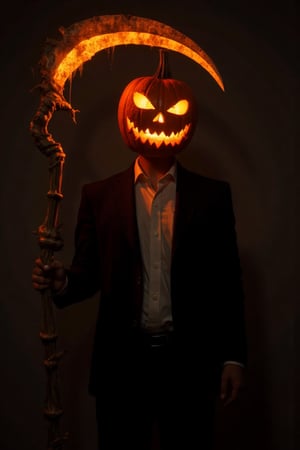 masterpiece, ultra high quality, UHD, HD, a man with a pumpkin head, wearing business clothes, holding a scythe , spooky, the scythe is covered in orange Glowing Runes