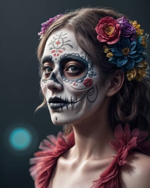 (masterpiece)+, (best quality)+, (intricate detail)+, in a dia de los muertos style, flowers in hair, jester-like fashion, ornate, intricate details, no clothes, lively colors, high saturation, photorealistic cinematic lighting, 16k resolution, hrd, crisp image