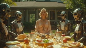 Ultra realistic close-up analog photo, depth of field, cinematic movie still, happy sexy 44 y.o. woman housewife in revealing robe sets festive table in backyard of vintage house on summer sunny day, her guests atompunk robots animatronics in tuxedos, 60s atmosphere.