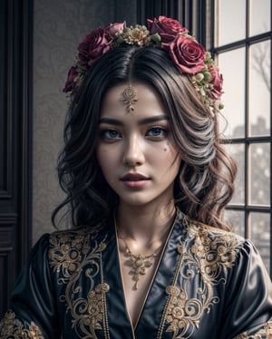 (masterpiece)+, (best quality)+, (intricate detail)+, heyoka centered portrait, 3D rendered, in a dia de los muertos style, flowers in hair, jester-like fashion, ornate, intricate details, vivid colours, high saturation, photorealistic cinematic lighting, 16k resolution, hrd, crisp image, 8k uhd, dslr, soft lighting, shot on Fujiflim XT3