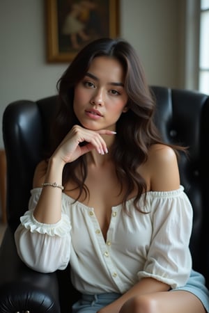 The image is a portrait of a young woman sitting on a black leather armchair. She is wearing a white off-the-shoulder shirt and has long dark hair that is styled in loose waves. The woman is resting her head on her hand and appears to be deep in thought. The background is blurred, but it seems to be a room with a window and a painting hanging on the wall. The lighting is soft and natural, creating a dreamy atmosphere. The overall mood of the image is sensual and intimate