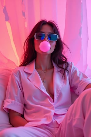 A masterclass in minimalist composition with a retrofuturistic twist. Subject lounges in a bespoke pajama set featuring a subtle, futuristic print that only reveals itself in certain lights. Her sunglasses are a technological marvel - seemingly simple at first glance but featuring an iridescent coating that shifts colors as she moves.
The background plays with perception - what appears as torn paper reveals itself to be a practical effect using carefully arranged lighting and textiles. Millennial pink dominates, with strategic tears revealing an electric blue under-layer that seems to pulse with its own inner light.
The bubblegum bubble becomes an integral part of the composition - perfectly spherical, catching the light in a way that makes it appear almost holographic. This effect is achieved through precise lighting and timing.
Technical approach: Shot on medium format film for authentic grain and color rendition, then scanned at ultra-high resolution. Natural lighting augmented with subtle continuous lights to maintain the organic feel while ensuring perfect exposure. Minimal post-processing, emphasizing in-camera effects.