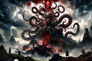 ((best quality)), ((masterpiece)), (((a seven-headed hydra))), (Seven intertwined hydras:1.9), (seven heads and necks:1.9), ,scary river monsters, Its Its eyes are red and shining, , it has five tails, Moss grow on its body, cypress grow on its body, cedar grow on its body, , (River water red with blood:1.8) , one side is covered in blood and sores, Scary and magnificent, a one ancient japanese girl standing on top of a hill next to a giant tree, , mountains, valleys, , ancient japanese mythology, , pixiv contest winner, fantasy art, , (intricate detail), (hyper detail), 8k hdr, high detail, lots of detail, , epic clouds and godlike lighting, covered with tentacles, , intricate ornate anime cgi style, night sea storm, birth of the universe, anime wallaper, a painting of a dragon, Concept art by Hieronymus Bosch, pixiv contest winner, fantasy art, lovecraftian, cosmic horror, apocalypse art,