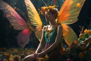 cruel fairies, female fairy, centered, Classicism, Funky Seasons, side view, Photoshop, Grainy, Sound art, loud colors, Abstraction, strobe lighting, Super detailed, photorealistic, food photography, Cycles render, 4k