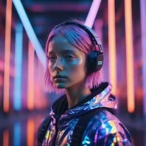 android girl, somber, Danish Pastel, Glitchcore, GoPro view, Rigging, Grainy, Light art, psychedelic colors, Contemporary Realism, glowing fire lighting, Hyperrealistic textures, intricate details, architectural visualization, Corona render, 8k