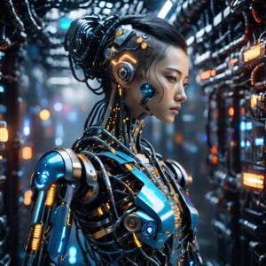 Top Quality, Masterpiece, Ultra High Resolution, ((Photorealistic: 1.4), Raw Photo, a Cyborg girl with black hair, cyber school girl, a close up of a person in a robot suit, cyberpunk art, Glossy Skin,Partially exposed human skin , she has a glow coming from her, (Ultra Realistic Details)), mechanical limbs, tubes connected to the mechanical parts, mechanical vertebrae attached to the spine, mechanical cervical attachment to the neck, wires and cables connecting to the head,Metallic luster, amazingly detailed details, intricate circuits and tubes, neon lighting, the background is a Waste machinery dumping ground at night, rain, cgsociety, retrofuturism, vray tracing, future tech, physically based rendering, cgsociety contest winner, movie still of a cool cyborg, cyberpunk style color, gynoid body, cyberpunk tokyo, blue cyborg, portrait of an ai, covered in circuitry, hyper-realistic cg, perfect android girl, japanese vfx, dramatic sci-fi movie still
