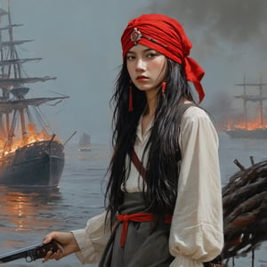 perfect artwork, girl pirate,long black hair,angry look,A long red bellyband blowing in the wind, with a red turban on his head,Old fashioned pistols,  a long knife with a curved edge,burning ships, ghost ships,scary, Dark Fantasy, graffitti, long shot, untextured, Soft focus, Tapestry, multicoloured colors, Hallyu, Laser Show lighting, 16-bit, xxmix_girl,greg rutkowski,lalalalisa_m,6000,painting by jakub rozalski