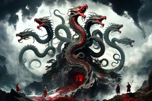 ((best quality)), ((masterpiece)), (((a seven-headed hydra))), (Seven intertwined hydras:1.9), (seven heads and necks:1.9), ,scary river monsters, Its Its eyes are red and shining, , it has five tails, Moss grow on its body, cypress grow on its body, cedar grow on its body, , (River water red with blood:0.5) , one side is covered in blood and sores, Scary and magnificent, a one ancient japanese girl standing on top of a hill next to a giant tree, , mountains, valleys, , ancient japanese mythology, , pixiv contest winner, fantasy art, , (intricate detail), (hyper detail), 8k hdr, high detail, lots of detail, , epic clouds and godlike lighting, covered with tentacles, , intricate ornate anime cgi style, night sea storm, birth of the universe, anime wallaper, a painting of a seven-headed dragon, Concept art by Hieronymus Bosch, pixiv contest winner, fantasy art, lovecraftian, cosmic horror, apocalypse art,Landskaper