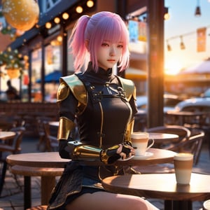 android girl, small, Coffee House/Cafe, Golden Hour, body shot, Photoshop, Bokeh, rpg maker, pastel colors, Mall Ninja, sun lighting, Ultra realistic