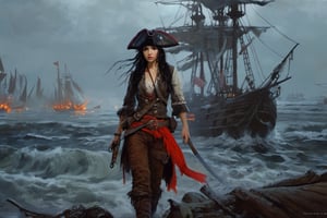 perfect artwork, girl pirate,long black hair,angry look,A long red bellyband blowing in the wind, a red bandana,  dirty beaver hat, ,Old fashioned pistols,  a long knife with a curved edge,burning ships, ghost ships,scary, Dark Fantasy, graffitti, long shot, untextured, Soft focus, Tapestry, multicoloured colors, Laser Show lighting, 16-bit, xxmix_girl,greg rutkowski,lalalalisa_m,painting by jakub rozalski