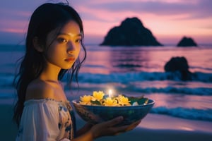 midsummer girl, asian gir, 14 years old,beautiful vietnamese girl,
Holding a bowl of offering flowers,off shoulder summer clothes
The beach at beautiful dawn, the clouds lit by the sunrise, Shadows of distant islands,psychedelic, Dark Academia, chalk art, low angle, Houdini rendering, Soft focus, Sound art, iridescent colors, Dreamy, glow in the dark lighting, Ultra-realistic, highly detailed, natural lighting, ocean environment, Unity engine, 8k,xxmix_girl,  greg rutkowski,LinkGirl,FilmGirl