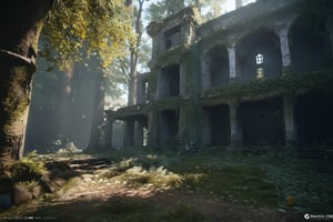 1 girl, ruins in the woods, Playful, Cleancore, Gamercore, low angle, CGsociety, Detailed, game item, jazzy colors, Medieval, spot lighting, Ultra-realistic, highly detailed, natural lighting, forest environment, Unreal engine, 8k,6000