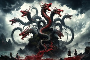 ((best quality)), ((masterpiece)), (((a seven-headed hydra))), (Seven intertwined hydras:1.9), (seven heads and necks:1.9), ,scary river monsters, Its Its eyes are red and shining, , it has five tails, Moss grow on its body, cypress grow on its body, cedar grow on its body, , (River water red with blood:1.8) , one side is covered in blood and sores, Scary and magnificent, a one ancient japanese girl standing on top of a hill next to a giant tree, , mountains, valleys, , ancient japanese mythology, , pixiv contest winner, fantasy art, , (intricate detail), (hyper detail), 8k hdr, high detail, lots of detail, , epic clouds and godlike lighting, covered with tentacles, , intricate ornate anime cgi style, night sea storm, birth of the universe, anime wallaper, a painting of a seven-headed dragon, Concept art by Hieronymus Bosch, pixiv contest winner, fantasy art, lovecraftian, cosmic horror, apocalypse art,