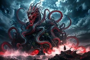 ((best quality)), ((masterpiece)), (((a seven-headed hydra))), (Seven intertwined hydras:1.9), (many heads and necks:1.9), ,scary river monsters, Its Its eyes are red and shining, , it has five tails, Moss grow on its body, cypress grow on its body, cedar grow on its body, , (River water red with blood:1.8) , one side is covered in blood and sores, Scary and magnificent, a one ancient japanese girl standing on top of a hill next to a giant tree, , mountains, valleys, , ancient japanese mythology, , pixiv contest winner, fantasy art, , (intricate detail), (hyper detail), 8k hdr, high detail, lots of detail, , epic clouds and godlike lighting, covered with tentacles, , intricate ornate anime cgi style, night sea storm, birth of the universe, anime wallaper, a painting of a dragon, Concept art by Hieronymus Bosch, pixiv contest winner, fantasy art, lovecraftian, cosmic horror, apocalypse art,