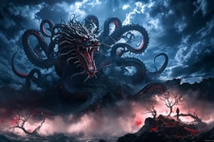 ((best quality)), ((masterpiece)), (((a seven-headed hydra))), (Seven intertwined hydras:1.9), (many heads and necks:1.9), ,scary river monsters, Its Its eyes are red and shining, , it has five tails, Moss grow on its body, cypress grow on its body, cedar grow on its body, , (River water red with blood:1.8) , one side is covered in blood and sores, Scary and magnificent, a one ancient japanese girl standing on top of a hill next to a giant tree, , mountains, valleys, , ancient japanese mythology, , pixiv contest winner, fantasy art, , (intricate detail), (hyper detail), 8k hdr, high detail, lots of detail, , epic clouds and godlike lighting, covered with tentacles, , intricate ornate anime cgi style, night sea storm, birth of the universe, anime wallaper, a painting of a seven-headed dragon, Concept art by Hieronymus Bosch, pixiv contest winner, fantasy art, lovecraftian, cosmic horror, apocalypse art,