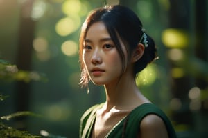  beautiful asian girl, Intriguing, fine art,  Maya rendering, Bokeh, game icon, green colors, Classical Realism, anamorphic lens flare lighting, Ultra-realistic, highly detailed, natural lighting, forest environment, tyndall effect, Unreal engine, 8k,