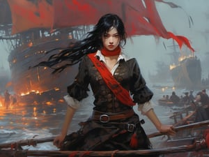perfect artwork, girl pirate,long black hair,angry look,Half Spanish, African Quarter, Mongoloid Quarter, A long red bellyband blowing in the wind, a red bandana,   ,Old fashioned pistols,  (a long knife with a curved edge:0.7),,burning ships, ghost ships,scary, Dark Fantasy, graffitti, long shot, untextured, Soft focus, Tapestry, multicoloured colors, Hallyu,  Laser Show lighting, 16-bit, xxmix_girl,greg rutkowski,lalalalisa_m,painting by jakub rozalski
