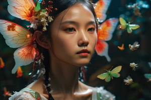 Beautiful virgin fairies,asian girl face, cruel fairies, centered, Classicism, Funky Seasons, side view, Photoshop, Grainy, Sound art, loud colors, Abstraction, strobe lighting, Super detailed, photorealistic, food photography, Cycles render, 4k