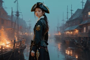 girl pirate, asian gir, 17 years old,Alluring, Danish Pastel, Glitchcore, GoPro view, Simulation, Depth of field, badge, colours are muted colors, Dreamlike, glowing fire lighting, Studio quality,xxmix_girl,FilmGirl,painting by jakub rozalski,HZ Steampunk