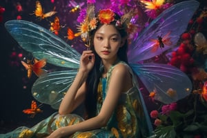 Beautiful virgin fairies,asian fairies, cruel fairies, centered, Classicism, Funky Seasons, side view, Photoshop, Grainy, Sound art, loud colors, Abstraction, strobe lighting, Super detailed, photorealistic, food photography,insects, Cycles render, 4k,