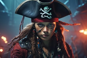 girl pirate, Powerful, Bastardcore, gouache, face shot, Motion graphics, 100mm, items, contrasted colors, Meatcore, glow stick lighting, Realistic dramatic lighting, highly detailed environment, cinematic quality, Redshift render, 4k