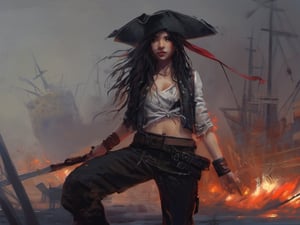 perfect artwork, girl pirate,long black hair,angry look,Half Spanish, African Quarter, Mongoloid Quarter, A long red bellyband blowing in the wind, a red bandana,  (dirty beaver hat:0.7), ,Old fashioned pistols,  a long knife with a curved edge,burning ships, ghost ships,scary, Dark Fantasy, graffitti, long shot, untextured, Soft focus, Tapestry, multicoloured colors, Laser Show lighting, 16-bit, xxmix_girl,greg rutkowski,lalalalisa_m,painting by jakub rozalski