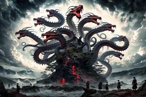 ((best quality)), ((masterpiece)), (((a seven-headed hydra))), (Seven intertwined hydras:1.9), (seven heads and necks:1.9), ,scary river monsters, Its Its eyes are red and shining, , it has five tails, Moss grow on its body, cypress grow on its body, cedar grow on its body, , (River water red with blood:0.5) , one side is covered in blood and sores, Scary and magnificent, a one ancient japanese girl standing on top of a hill next to a giant tree, , mountains, valleys, , ancient japanese mythology, , pixiv contest winner, fantasy art, , (intricate detail), (hyper detail), 8k hdr, high detail, lots of detail, , epic clouds and godlike lighting, covered with tentacles, , intricate ornate anime cgi style, night sea storm, birth of the universe, anime wallaper, a painting of a seven-headed dragon, Concept art by Hieronymus Bosch, pixiv contest winner, fantasy art, lovecraftian, cosmic horror, apocalypse art,Landskaper,6000,HellAI,DonMG414XL,EpicSky