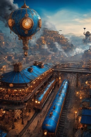 ((steampunk)),  background is bird's eye view of the steampunk city, late 19th century, Southeast Asia in European colonies, bridge, elevated tracks, steam blimps, flame, steam, (train), elevated line,  blue colors, 
 BREAK,
 midsummer girl, asian gir, 14 years old,Hypnotic, Classicism, Geek, DSLR, Character modeling, Detailed, Tapestry,  blue colors, Halloween, Lantern lighting, 8K,